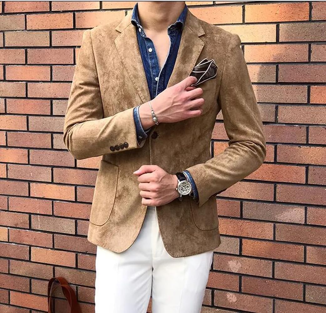 Mens Blazer Suede Jacket Casual 2 Buttons Sport Coat Faux Leather Suit Slim Fit Size XL